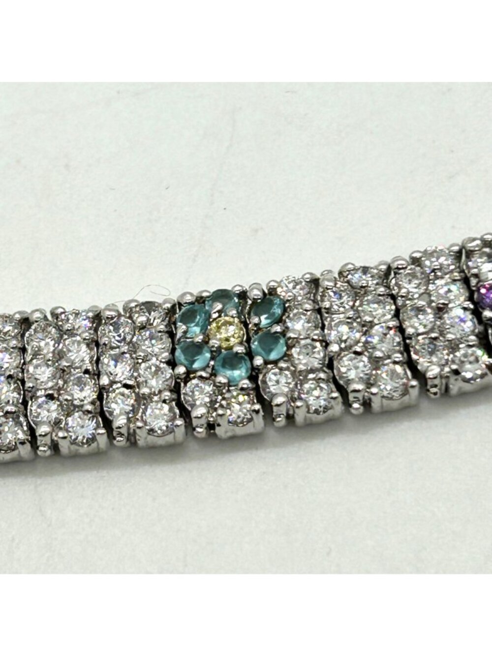 Vintage Rhinestone Tennis Bracelet Multicolor Flower Design W/ Safety Clasp 7.5" - Picture 5 of 16
